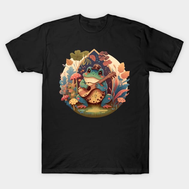 Cottagecore aesthetic cute frog playing ukelele on Mushroom T-Shirt by JayD World